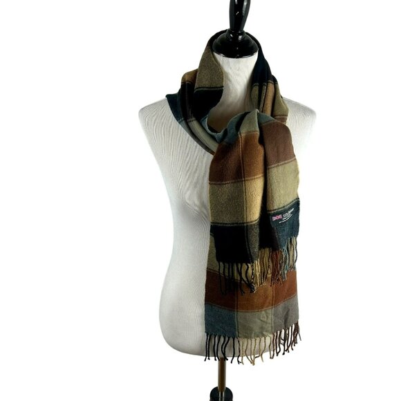 100% Cashmere Made in Scotland Scarf Unisex Brown Black Gray Plaid Fringe Cozy - Picture 1 of 5